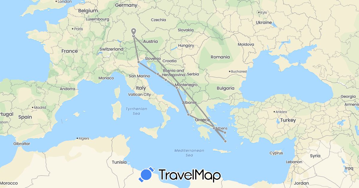 TravelMap itinerary: driving, plane in Germany, Greece, Croatia, Italy (Europe)